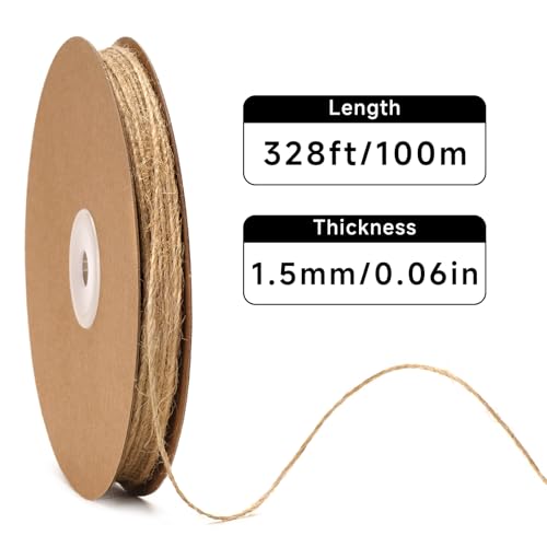 G2PLUS 328ft Jute Twine 1.5mm 2-Ply Natural Craft String Brown 328ft