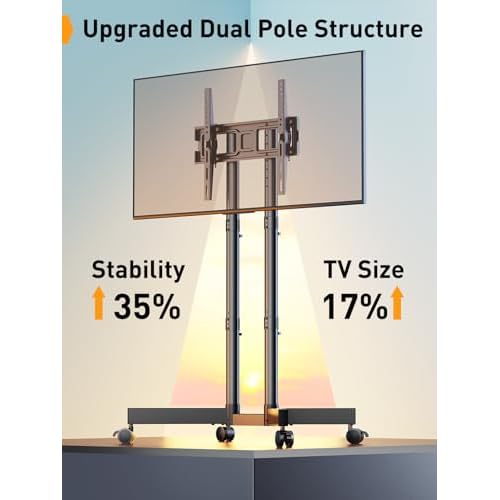 Perlegear Rolling TV Stand, Mobile TV Stand with Wheels for 32-75 inch TVs, Height Adjustable Mobile TV Cart with -15¡Æ to +5¡Æ Tilt, Rolling Cart for 4K TV Max VESA 400x400mm up to 88lbs, PGTVMC14