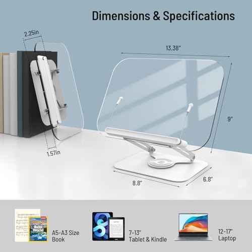 Acrylic Book Stand for Reading Hands Free - Adjustable 360¡Æ Rotating Cookbook Holder with Elastic Page Clips & Foldable Base, Multi-Angle Desktop Display Stand for Recipes, Textbooks, Tablets, Bibles