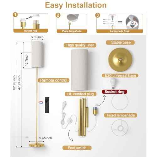 luckystyle LED Floor Lamp for Living Room, Dimmable Standing Lamps with Foot Switch,Remote Custom Color Temperature Gold Pole Lamp with Lampshade,12W Led Bulb Tall Lamps for Bedroom Office Kid Room
