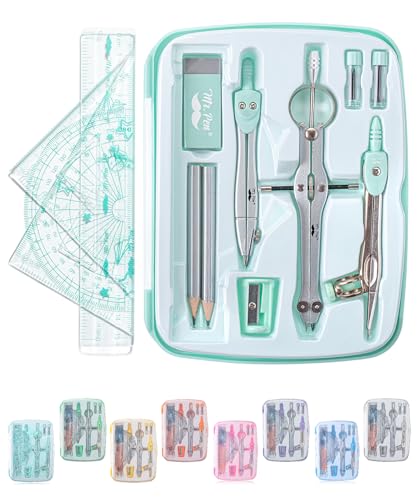 Mr. Pen Green Geometry Set with 3 Compasses, Protractor, Rulers & Pencils