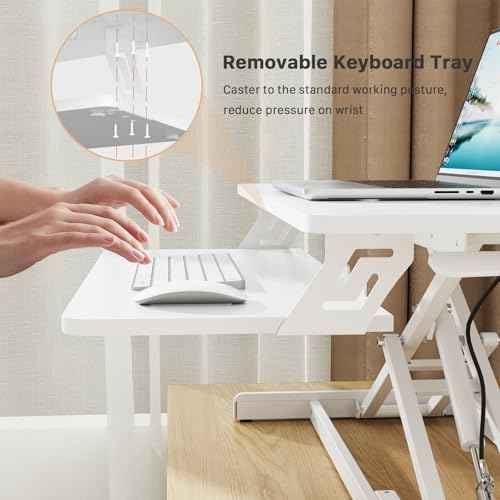 JOY worker Standing Desk Converter, 32" Wide Height Adjustable Sit Stand Up Desk Riser with Keyboard Tray, Desktop Workstation Riser for Home Office Computer Laptop, Particle Board, White