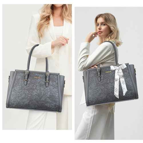 MOSISO Laptop Bag for Women, PU Leather Tote Bag, Front Embossed Retro Hibiscus Computer Bags with Silk Scarf&Clutch Purse