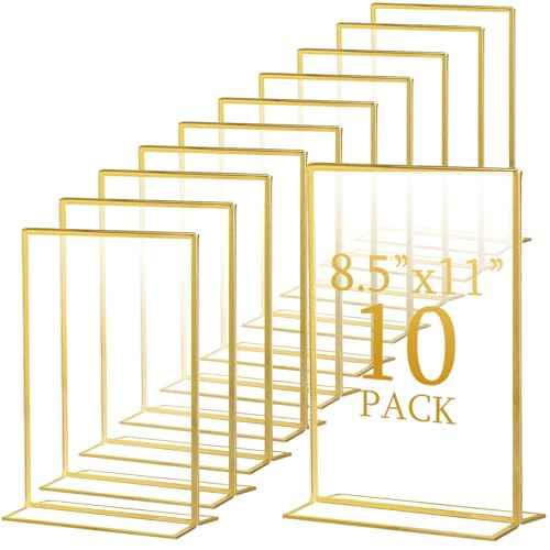 Hoteam 10 Pcs Gold Acrylic Sign Holders, 8.5 x 11 Inch Gold Picture Frames Clear Wedding Table Numbers Double Sided Acrylic Holders for Wedding Restaurant Table Number Photos Menu Cards Art