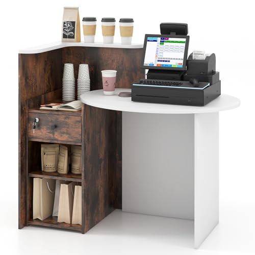 GIANTEX Brown & White Reception Desk with Lockable Drawer & Adjustable Shelves