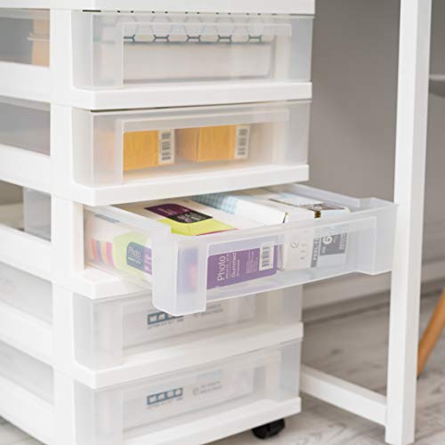 IRIS USA Plastic Drawer Storage Organizer Rolling Cart, with Wheels Casters, 6-Drawers, for Classroom Art Craft Supplies Dresser Closet Bathroom Laundry Room, White/Clear