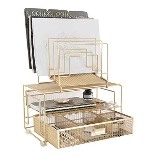 BLU MONACO Gold Workspace Desk Organizer - Desktop Rack with File Sorters and Drawer for Office Supplies, Paper, Devices, and Folders