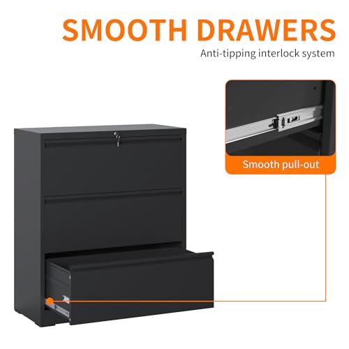 OPTYMIRA 3-Drawer Locking Lateral File Cabinet, Black, 40.4" H