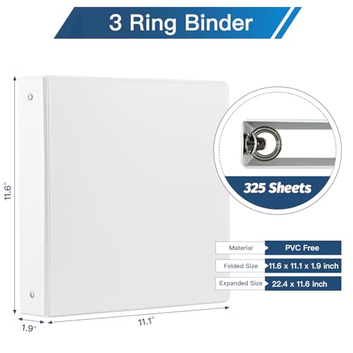1.5-inch 3 Ring-Binder with 2 Interior Pockets, Premium 1.5''-Binders Holds 325 Sheets US Letter Size 8.5'' x 11'' Paper - Durable, Versatile Binders for Office, Home, and School Use, 6 Pack (White)