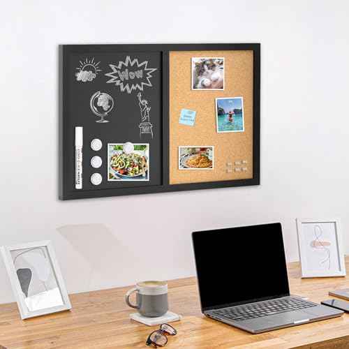 4 THOUGHT Chalkboard Corkboard Combo, 24" x 36" Bulletin Cork Board Magnetic Chalk Board for Wall Combination Board Black Frame Double Use Black Board Cork Board 1 Marker 4 Magnets 10 pins