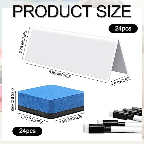 Seajan 24 Sets Reusable Name Tent Cards with Black Dry Erase Markers and Eraser Dry Erase Name Tents for Meetings White Name Plate for Weddings Classroom Office, 8.66 x 1.97 x 2.76 Inch