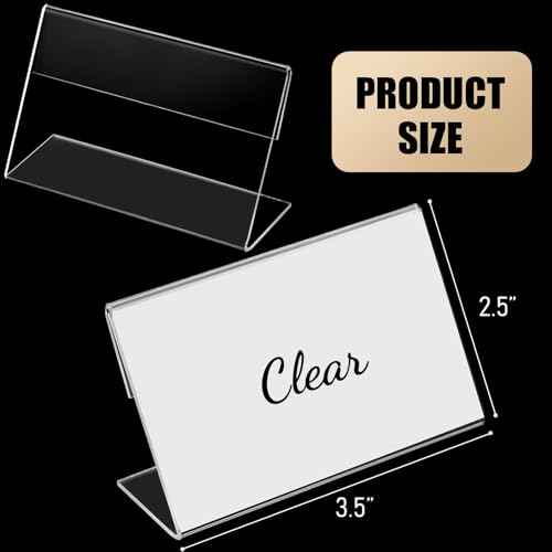 Vicenpal 3.5 x 2.5 Inches Acrylic Sign Holder Slant Back Sign Holders Clear Picture Frame Acrylic Stands L Shaped Display Stand for Office, Store, Restaurant, Horizontal (100 Pcs)