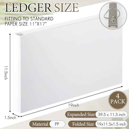 4 Pcs 11 x 17 Inch 3 Ring Binders 1 Inch Rings Heavy Duty View Plastic Flexible D Ring Binders Economy Holds 11" x 17" Paper for Artwork Blueprints, Office, Home, Work Places (White)