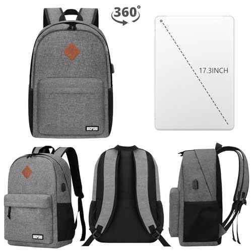 Backpack for Women Men, Lightweight School Backpack for Girls Boys Teens, 17.3 Inch Laptop Daily Use back pack with USB Charger, College High School Bookbag mochilas para hombres, Grey