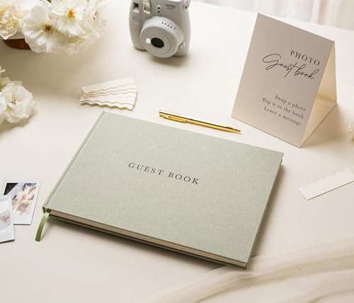 Real Linen Guest Book Set (Leaf) 11.5 x 8.5 with Embossed Cover, Sign Pen, 30 Photo Pockets, 120 Pages