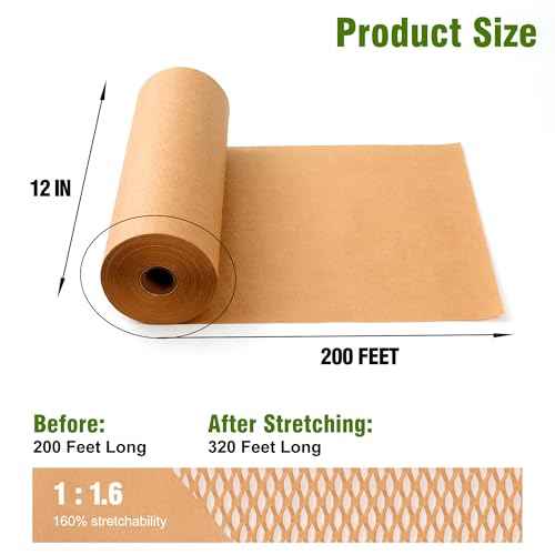 Honeycomb Packing Paper 12" Width X 200 FT for Moving Glass Dishes Recyclable Wrapping Paper Bubble Wrap Packing Material for Shipping Fragile Items Shipping Filler with 20 Fragile Stickers