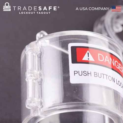 TRADESAFE Emergency Stop Button Cover Lockout - Round Transparent Push Button Switch Cover, 7/8-inch up to 1-1/2 inch Hole Diameter, 3-Piece Push Button Lockout