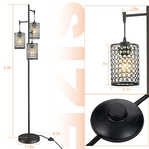 EE Eleven Master Modern 3-Light Tree Floor Lamp for Living Room Crystal Standing Lamp with On/Off Switch Elegant Black Pole Light for Bedrooms Office Hotel