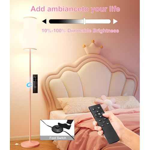 luckystyle LED Floor Lamp for Living Room, Dimmable Tall Lamps with Foot Switch,Remote Custom Color Temperature Pink Pole Lamp with Lampshade,12W Led Bulb Standing Lamps for Bedroom Office Kid Room