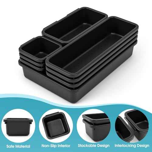 10 PCS Drawer Organizer Set, 4 Size Makeup Drawer Divider Organizer With Non-Slip Pads, Interlocking Plastic Storage Bins for Office,Jewelry Vanity,Gadgets, Bathroom,Kitchen, Black