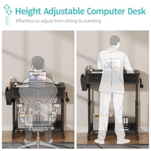 WINAZ 31.5" Black Adjustable Rolling Standing Desk with Drawers - Mobile Workspace