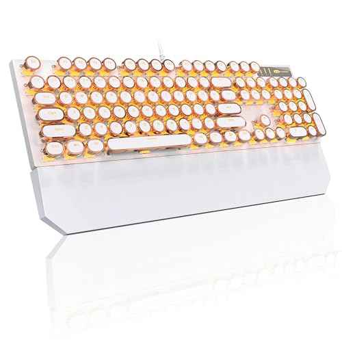 MageGee Typewriter Mechanical Gaming Keyboard, Retro Gold Punk Round Keycaps LED Backlit Wired Keyboards for Laptop MAC PC Gamer, with Magnetic Wrist Rest - Blue Switch