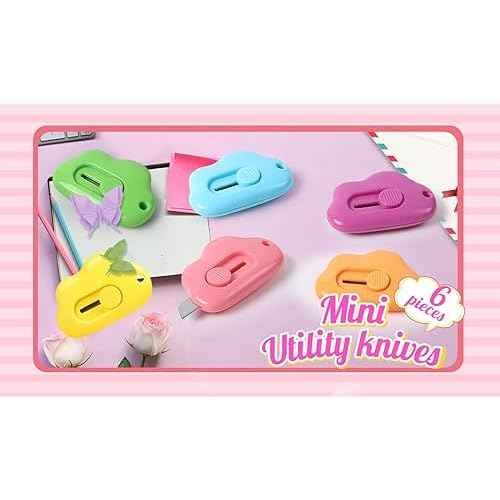 Cloud Box Cutter Retractable, 6Pcs Mini Utility Knife Letter Opener Envelope Slitter, Small Package Opener Paper Cutters with Keychain Hole for Office Home School Stationery DIY Crafts Rainbow Color