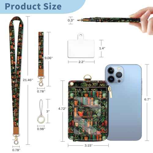 Lanyard Wallet with Id Badge Holder, Bookshelf RFID Small Keychain Wallet Women Wristlet, Cute Zipper Credit Card Holder Phone Wrist Neck Strap for Key Name Tag, Teacher Student Office Gifts