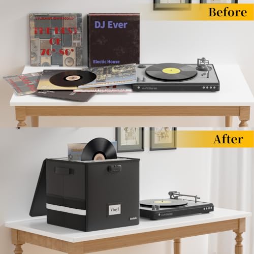 DocSafe Black Vinyl Record Storage Box 13x13x13 Inch Lockable Fireproof Water-Resistant Organizer for 100+ Records