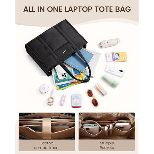 LOVEVOOK Laptop Bag for Women, Puffer Tote Bag for Work 15.6 Inch Large Computer Briefcase for Teacher Nurse, Quilted Lightweight Casual Shoulder Bag For Travel, Daily