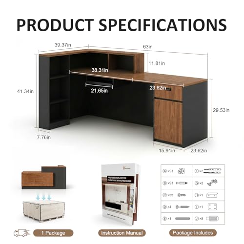 L Shaped Reception Desk with Counter, Iron Grey, Left Assembly, 63x24x41 inches