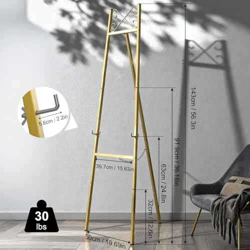 56" Gold Easel Stand for Wedding Signs ? Adjustable Height Metal Display Easel with Chain Support, Heavy Duty Floor Standing Easel for Art, Posters, Pictures, Paintings, and Party D?cor