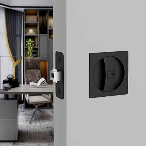 Haidms Matte Black Pocket Door Lock, Square Pocket Door Hardware, Pocket Door Handles, Black Pocket Door Latch Privacy Lock 1 Pack