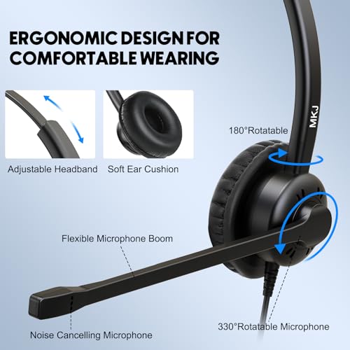 MKJ Telephone Headset Noise Canceling Corded RJ9, Wired Headphone with Microphone Dual Ear Call Center Office Headset Compatible with Cisco CP-7821 7841 7861 7945G 7962G 7975G 8841 8865 9971