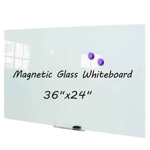 DEVELOP Magnetic Glass Dry Erase Board/Whiteboard, Wall Mounted Glass White Board, Frameless with Aluminum Marker Tray, 36 x 24 Inch (90x60cm), Includes 4 Dry Erase Markers 1 Eraser and 2 Magnets