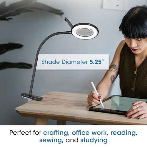 OttLite LED Lamp Clip On Magnifying Glass with Light ? Optical Grade Magnification, Adjustable Arm, ClearSun LED Technology for Crafting & Needlework, Great Desk Lamp, Book Light, Reading Lamp