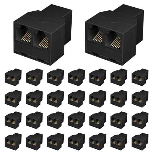Phone Line Splitter for Landline, 30 Pack RJ12 6P6C Plug with 3Female Phone Jack Splitter 1 in 2 Out, Two Way Telephone Line Connector, Black