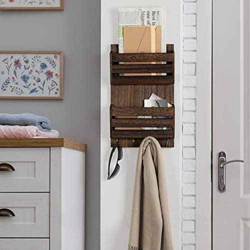 Mail Holder for Wall, Wooden Mail Sorter with 4 Key Hooks, 2 Slot Wall Mounted Mail Sorter Letter Bills Newspaper Magazine Organizer for Entryroom Hallway Office Garage, Rustic Brown