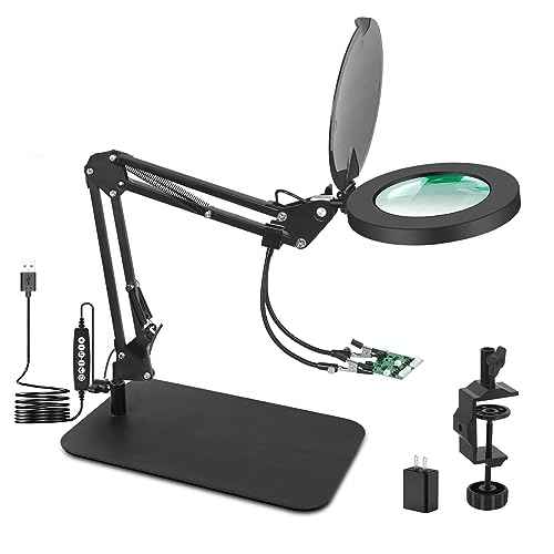 Magnifying Glass with Light, EOOKU 3-in-1 Magnifying Desk Lamp 5X LED Magnifying Lamp with Heavy Base & Clamp, 5 Color Modes Stepless Dimmable, Magnifier Light for Soldering Craft Workbench