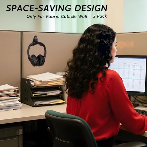 Fabric Wall Headphone Holder for Office Cubicles, Space-Saving Desk Organizer, Black (2 Pack)