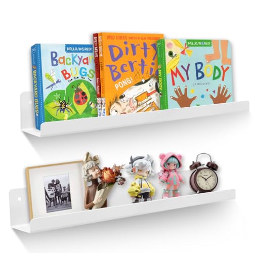 2-Pack Magnetic Book Shelf for Whiteboard - 17 Inch Reusable Metal Magnetic Shelves, Holds 12.5 lbs, Magnetic Book Display for Classrooms, Offices, Kitchens, Kids' Rooms - White