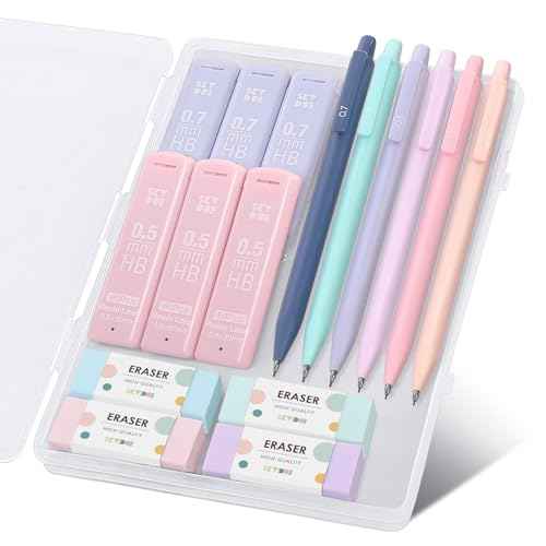 SKYDUE Cute Mechanical Pencils Set, 0.5mm & 0.7mm Mechanical Pencils, 360PCS HB Lead Refills, 4PCS Pastel Erasers, Pastel Aesthetic School Supplies for Writing, Drawing and Sketching