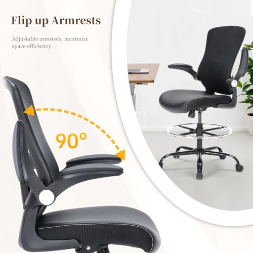 Bondesin Drafting Chair with Lumbar Support, Tall Office Chair, PU Leather Seat, Footrest Ring & Flip-up Armrests