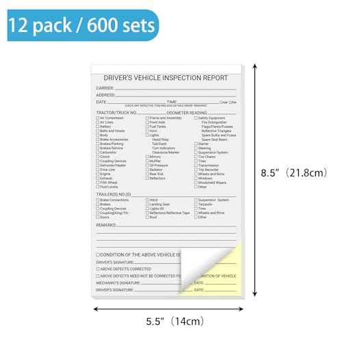 600 Sets Detailed Driver Daily Vehicle Inspection Report Book/Forms, 2 Part Carbonless, 5.5 x 8.5 Inch Daily Pre-Trip Checklist Log for Truck Drivers (50 Sets Each Book, 12 Books)