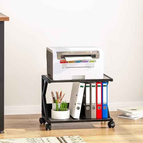 aboxoo Desktop Printer Stand with 2 Tier Wood Storage Shelves,Under Desk Printer Table,Multi-Purpose Home Office Desk Organizer for Fax Machine, Scanner (Black)