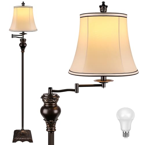 PARTPHONER Vintage Floor Lamps for Living Room,Traditional 350¡Æ Adjustable Swing Arm Farmhouse Floor Lamp for Bedroom, Rustic Standing Lamp Pole Lamps for Reading, Home D?cor and Office, Brown