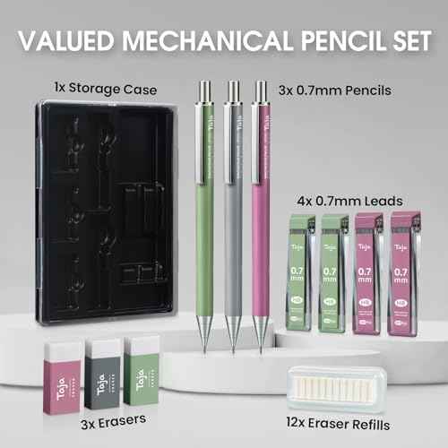 Aesthetic 0.7mm Mechanical Pencil Set with Case ? 3 Vintage Mechanical Pencils, 4 Tubes HB #2 Lead Refills, 3 Erasers & 12 Eraser Refills, Cute Pencil Kit for Back to School Stationery Supplies