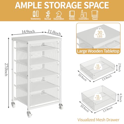 Utility Cart with 5 Drawers, Rolling Storage Cart with Wooden Tabletop and Lockable Wheels, Storage Drawer Cart Craft Cart for Bedroom, Classroom, Home, Office, White
