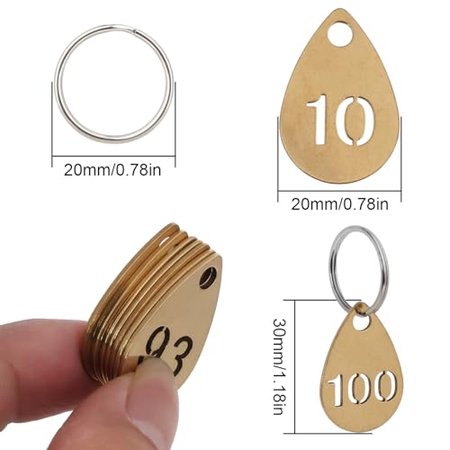 Key Tags with Numbers, Brass Droplet Shaped Key ID Tag, Metal Number Tags, Keychain Labels - 1 to 80