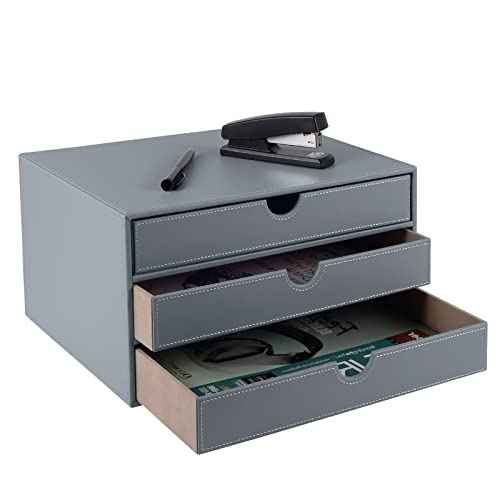 PU Leather Desk Organizer with 3 Drawers,Executive Office Supplies Desktop Filing A4 File Cabinet/Holder for Jewelry/Bill/Paper/Documents/Makeup Home Decor Stationery Storage Box,Grey